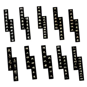 Detailed view of black acrylic decorative patches with golden quotes for DIY phone case crafts.