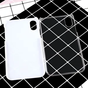 Clear white hard phone case detail, transparent DIY protective cover display for mobile.