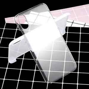 Clear hard phone case detail shot, transparent protective cover, suitable for DIY design.