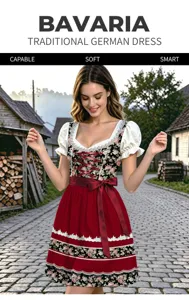 Détail de robe Dirndl allemande traditionnelle, costume bavarois Oktoberfest à fleurs.