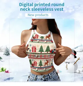 Christmas printed sleeveless crop top with round neck and holiday patterns for women.
