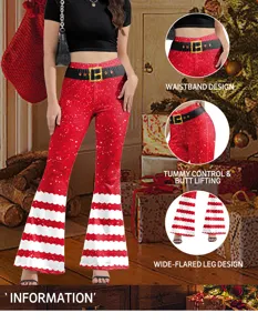 Detailansichten der weihnachtlichen Schlaghosen mit Gürtelprint und roten Streifen für Damen.