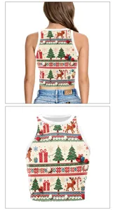 Christmas cropped tank top with 3d print festive snowflake tree reindeer detail back view.