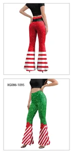 Weihnachts Damen bedruckte High Waist Schlaghosen festliche rot-weiße Schlaghosen lang