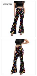 Damen Weihnachten bunte Licht bedruckt hohe Taille Schlaghosen festliche lange Hose