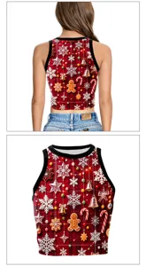 Christmas crop top detail view, featuring festive vibrant snowflake 3D digital print.