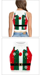 Christmas 3D digital print crop tank top with festive snowflakes and cute pom-poms for women.