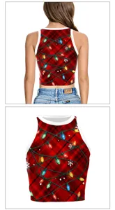 Christmas plaid 3D print crop tank top for women, sleeveless winter holiday festival top.