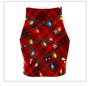 Christmas crop tank top for women red plaid fairy lights print sleeveless summer top