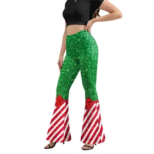 Damen Weihnachten Bedruckte Schlaghose Hohe Taille Festliche Gestreifte Nussknacker Leggings Elastische Skinny Hose