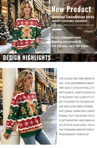 Christmas gingerbread man printed long sleeve pullover sweater for women winter party wear.