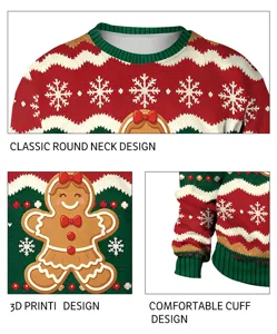 Christmas gingerbread man print sweater detail showing classic round neck and cozy cuff design.