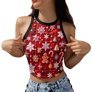 Christmas 3D print crop top for women, trendy sleeveless red plaid festive tank top.