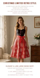 Robe rétro de Noël à bretelles pour femmes avec imprimé flocon, jupe trapèze élégante.