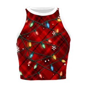 Christmas red plaid crop top with string lights snowflake print sleeveless summer vest tank top
