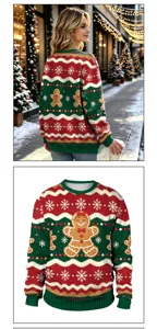 Christmas gingerbread man and snowflake printed crewneck long sleeve knit pullover sweater detail showcase.