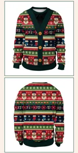 Christmas 3D printed ugly sweater cardigan for men festive snowman snowflake long sleeve top