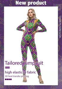 Mardi Gras carnival party jumpsuit with purple green gold diamond pattern and slim fit.