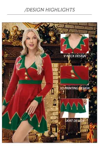 Vue de détail de robe de lutin de Noël avec col V, manches longues et contraste rouge vert.