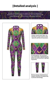 Detailed close-up view of the Mardi Gras carnival bodysuit highlighting print and collar design.