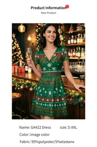 Robe de soirée de Noël col V manches courtes trapèze imprimé numérique 3D robe de fête