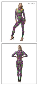Detailed view of the Mardi Gras purple green gold rhinestone printed long sleeve jumpsuit.