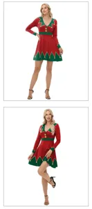 Robe de Costume de Lutin de Noël Femme Col V Manches Longues Rouge Vert Fête Neuf
