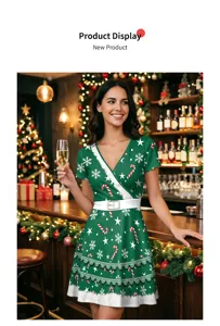 Elegante vestido corto de fiesta navideño con cuello en V y estampado digital festivo.