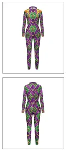 Mardi Gras carnival performance costume bodysuit, purple green gold diamond print detail.