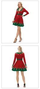 Robe de lutin de Noël manches longues col en V rouge vert costume de fête de Noël