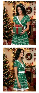 Detalle de vestido navideño de manga corta con cuello en V y estampado festivo.