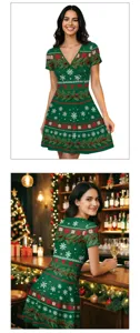 Robe de soirée de Noël col V manches courtes coupe A imprimé numérique motifs flocons de neige.