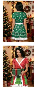 Vestido navideño de manga corta con estampado digital, cuello en V, detalle ajustado.