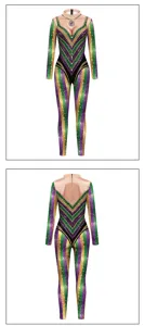 Mardi Gras Carnival performance jumpsuit with purple green gold rhinestone print, long sleeves.