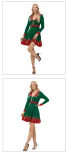 Détail rapproché de la robe elfe de Noël avec contraste rouge et vert et cloches dorées.