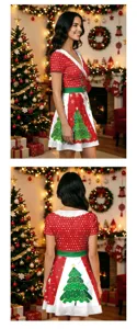 Detalle de vestido de manga corta con cuello en V y estampado de árbol en escena festiva