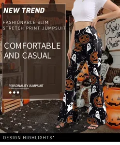 Pantalon patte d'eph imprimé citrouille Halloween, taille haute stretch slim femme.
