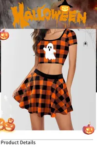 Ensemble deux pièces crop top et jupe plissée à carreaux orange noir pour fête Halloween.