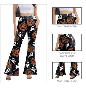 Detail du pantalon evase imprime citrouille d'Halloween avec taille et effet push-up.