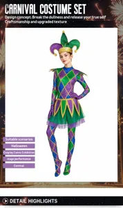 Carnival green purple diamond jester costume set, cosplay party bodysuit with hat and gloves.