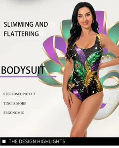 Détail body sans manches imprimé plumes de paon de carnaval, maillot de bain moulant col en U.