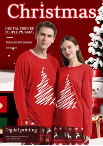 Christmas couple pajamas set long sleeve red sleepwear details for holiday matching.