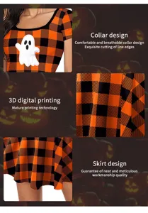 Ensemble robe carreaux orange noir Halloween avec motif fantome et col raffine.