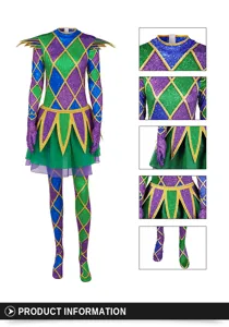 Carnival green purple diamond jester cosplay jumpsuit set with gloves and shoulder spikes.