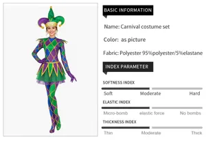 Carnival green purple jester jumpsuit cosplay costume set with detailed specifications