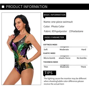 Femme une pièce maillot de bain carnaval violet vert or plume impression sans manches