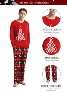 Christmas couple pajama set long sleeve red top and printed pants with holiday patterns.