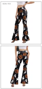 Femme Halloween citrouille fantôme imprimé pantalon évasé taille haute stretch chic