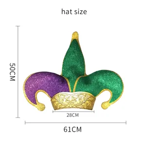 Jester hat size specification diagram showing height and width details for party costume.