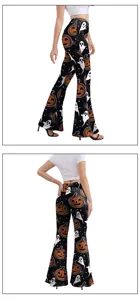 Pantalon évasé imprimé citrouille Halloween, taille haute extensible slim pour femme.